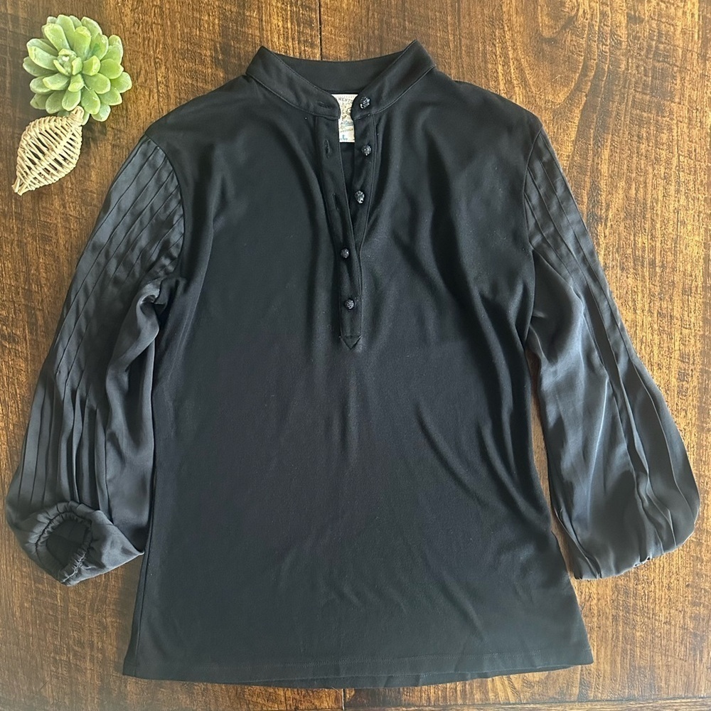 Fine Garments by Bell | Black Henley Blouse w/Pin-tuck Pleated Satin Sleeves